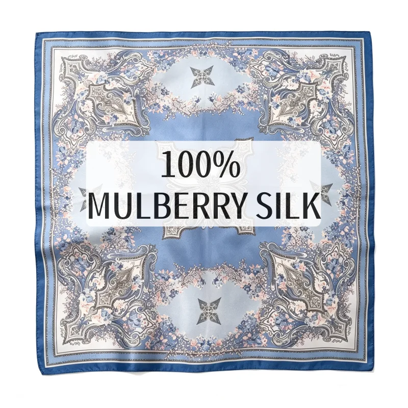 Baroque Floral 100% Mulberry Silk Square Scarf 50cm Blue Neck Bandana Women Luxury Accessory For Bag Hair Styling Office