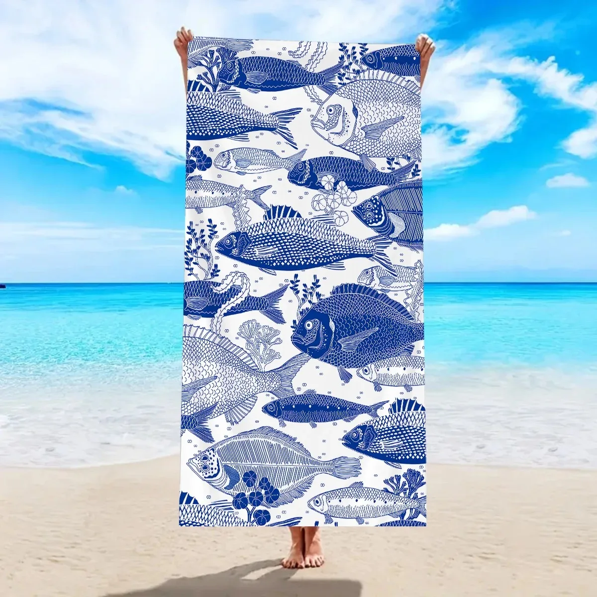 

Blue and White Fish Pattern Beach Towel 2D Flat Printed Peach Skin Large Bath Towel Soft Lightweight for Seaside Holiday Travel