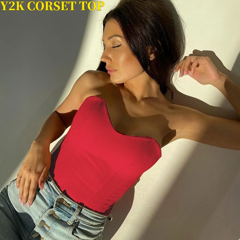 Women's Y2K Gothic Corset Top, Purple/Red Satin Strapless Bustier, Sexy Backless Bone Shapewear Crop Top for Club Party