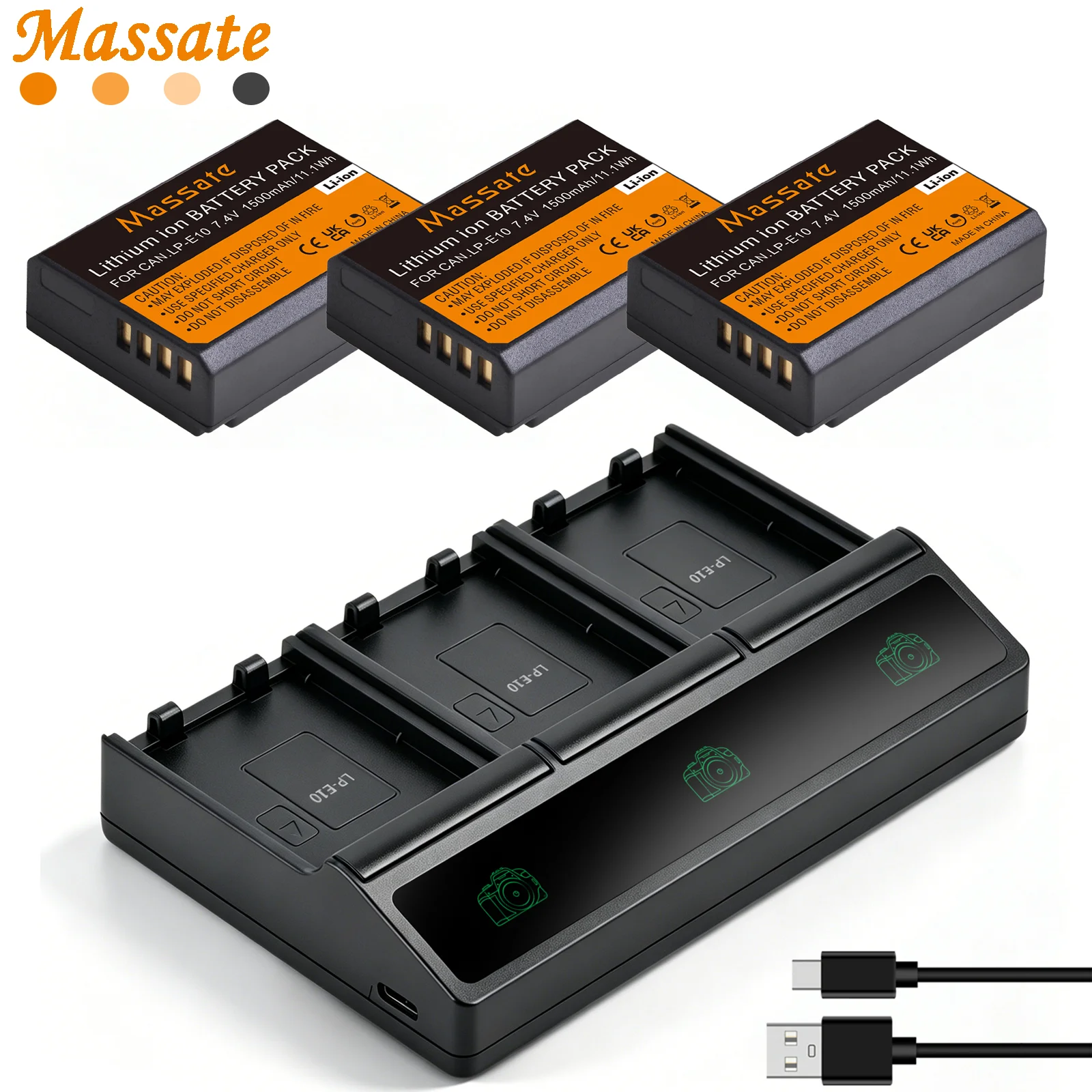 Massate LP-E10 LP E10 LPE10 Battery +USB 3-Slot Charger for Canon EOS Rebel T3 T5 T6 1100D 1200D 1300D 2000D Kiss X50 X70 X80