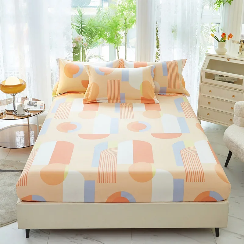 Colorful Abstract Geometric Fitted Sheet Cotton Circle Lines Bed Sheet With 2 Pillowcase Boho Minimalist Bed Cover (Deep Pocket)