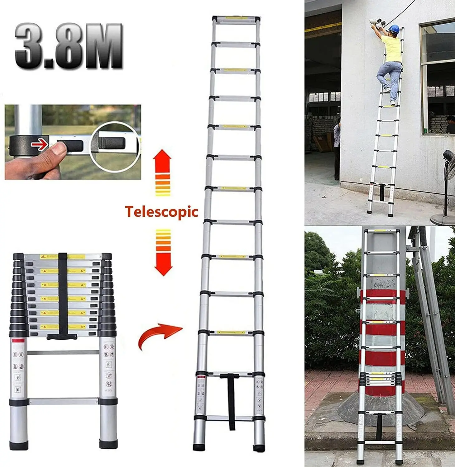 Escalera telescópica de aluminio - Escalera plegable portátil multiusos de alta resistencia con patas antideslizantes (3.8M/12.5FT)