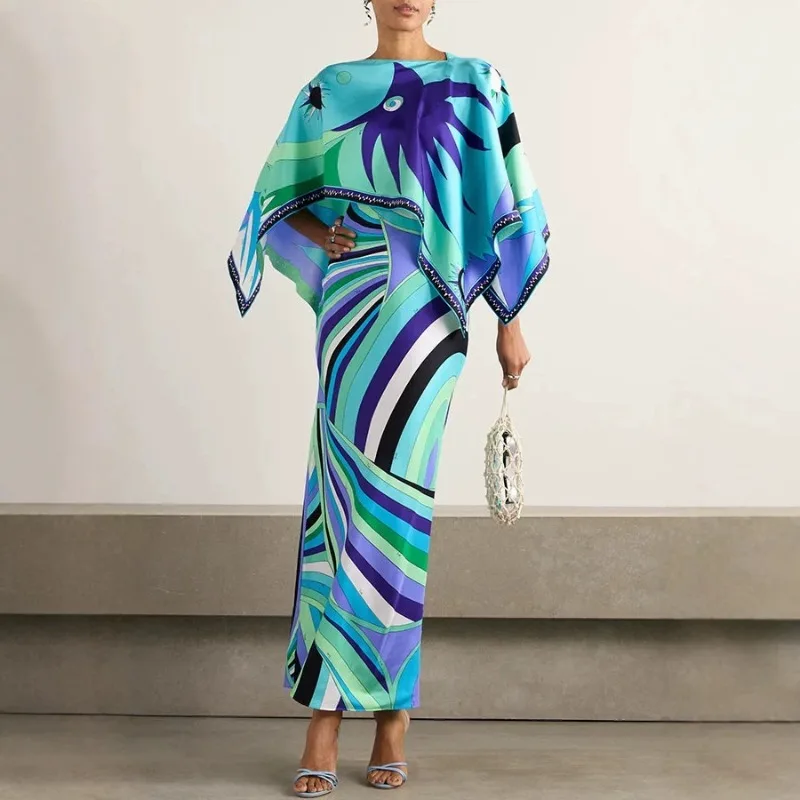 

Retro Abstract Print Cape Dress Set Boho Sleeveless Split Back Maxi Skirt Vacation Elegant 2 Piece Holiday Party Outfits