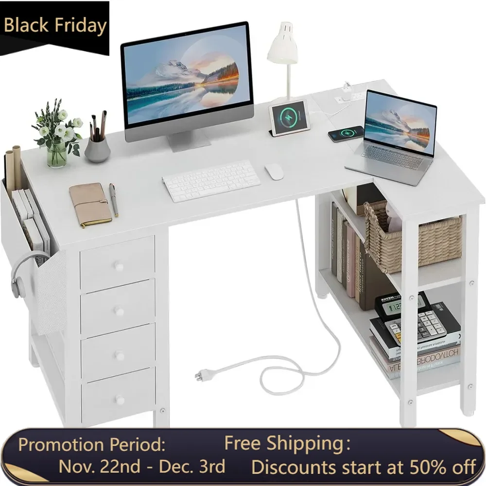 L Shaped Computer Desk with Drawers & Storage Shelves, Corner Desk with Power Outlet for Home Office Bedroom, Teen PC Desks