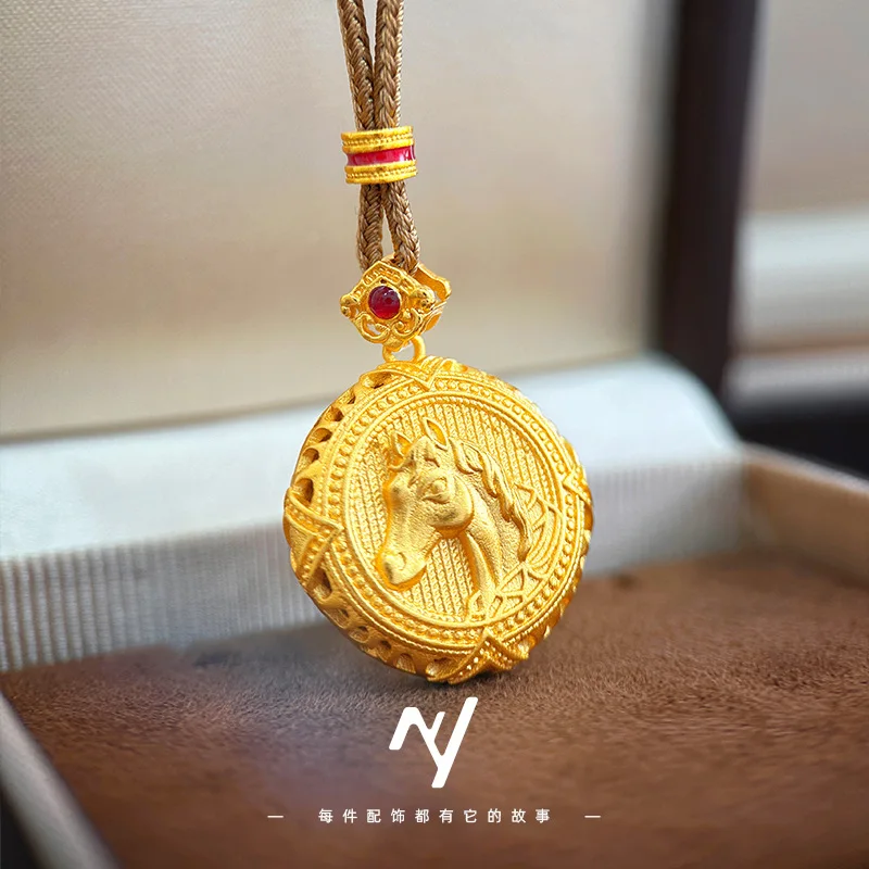 9999 24K Real Gold Filigree Zodiac Sign Fortune Horse Compass Zodiac Year Pendant Knitted Sweater Necklace