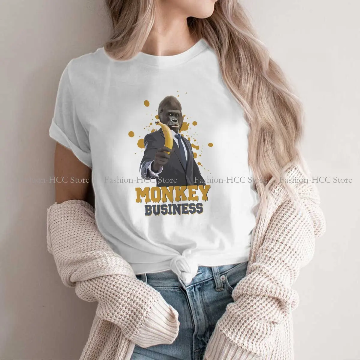 Holding A Banana Fashion Polyester TShirts Monkey Business Women Style Tops T Shirt Round Neck