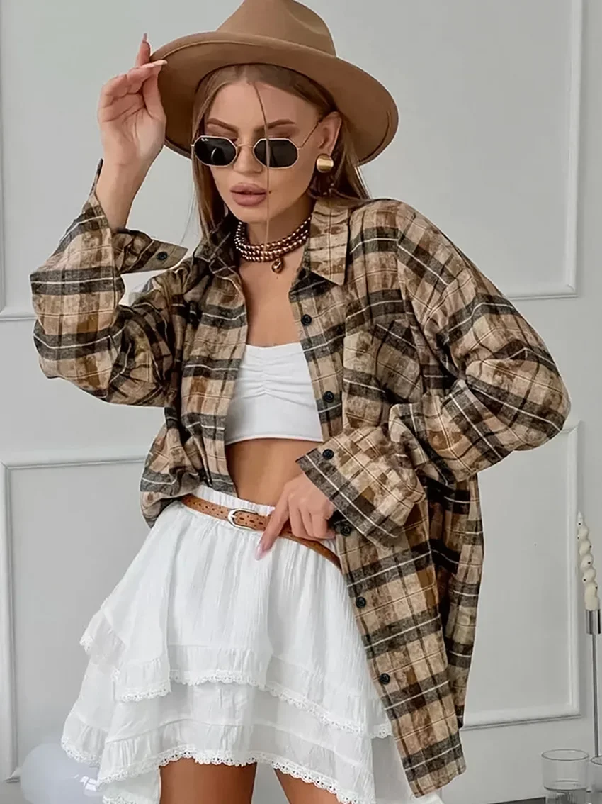 Bornladies Autumn 100% Cotton Loose Retro Plaid Shirt Women\'s Versatile Long Sleeved Top Oversized Outer Stylish Female Shirt