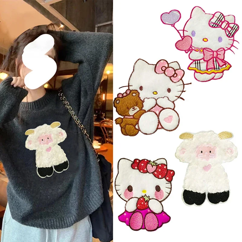 Sanrio Hello Kitty Patch zum Aufbügeln, bestickt, für Kleidung, Cartoon-Anime-Patches für Kinderkleidung, Applikationen, Aufkleber