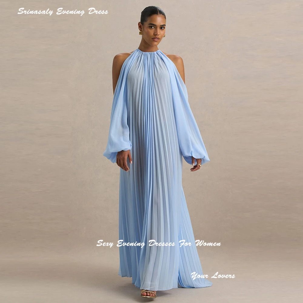 

Customized Chiffon Pleated Evening Dresses For Sexy Women Cocktail Party Gowns Sky Blue Floor-length Formal Prom Dress 2025