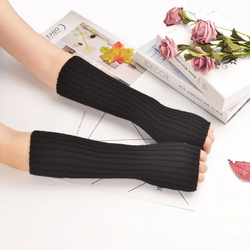 Black White Fingerless Gloves for Women Girl Knitted Long Arm Sleeves Arm Warmer Fine Casual Soft Punk Gothic Mittens