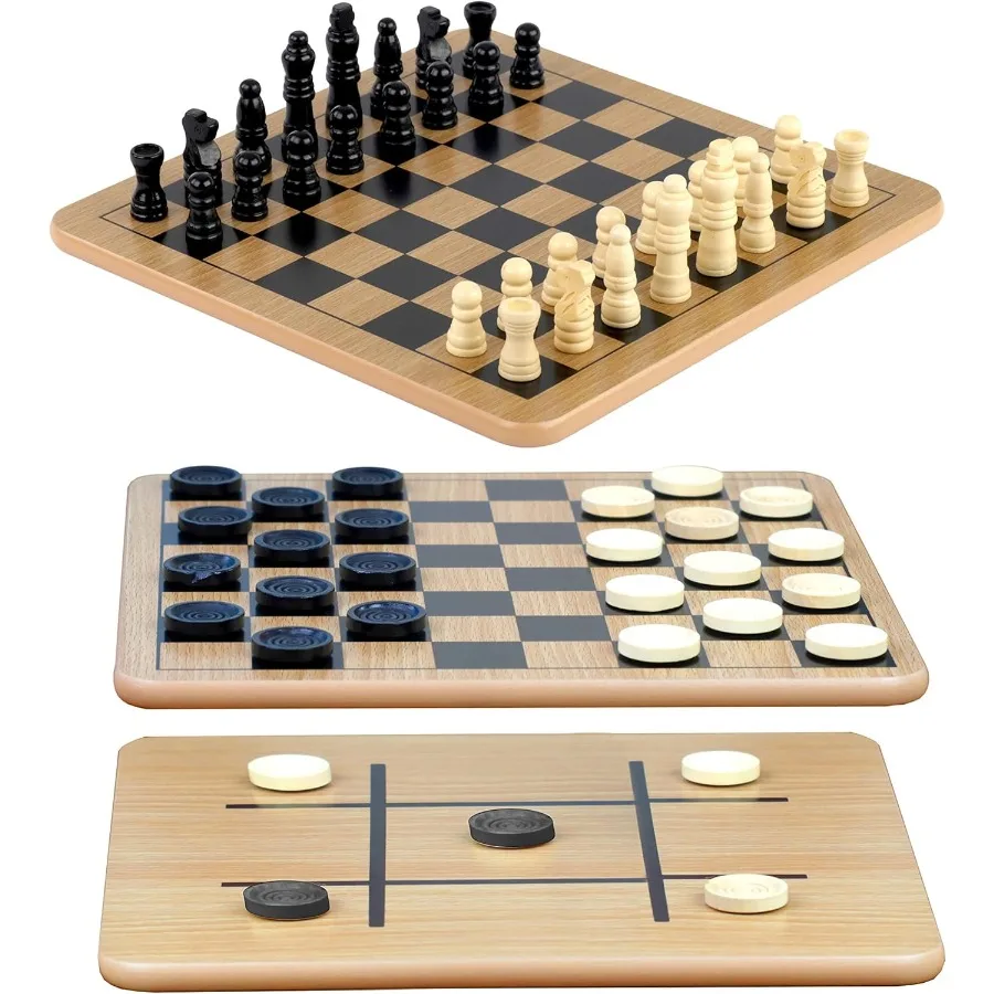 Reversible Wooden Board for Chess Checkers TicTacToe Includes 24 Interlocking Wooden Checkers and 32 Standard Chess Pieces Idea