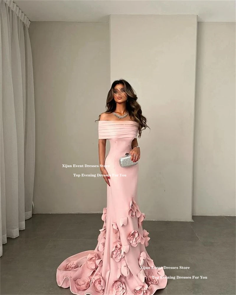 Xijun Pink 3D Flowers Crepe Evening Dresses Mermaid Saudi Arabric Formal Prom Dresses Off The Shoulder Prom Gowns Customized