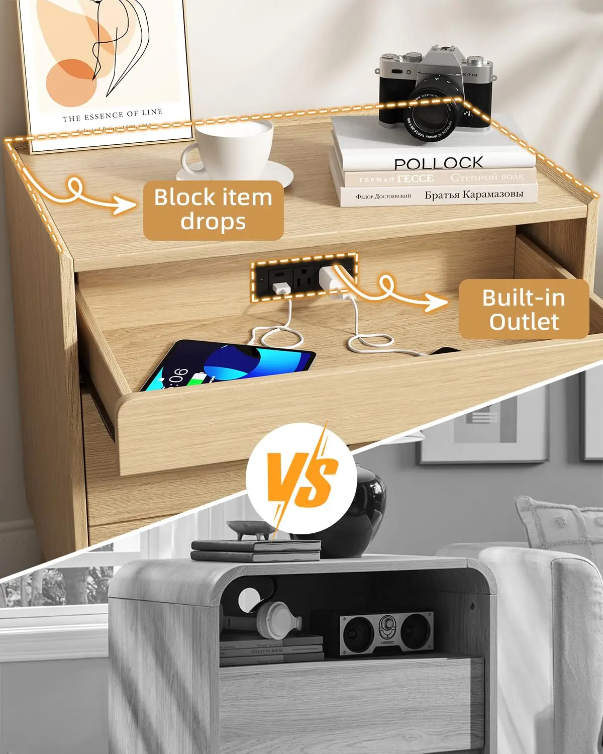 24" Wide Nightstand Set Of 2, Hidden Charging Station, 2 Drawers Night Stand With Pull-Out Shelf, Modern Beside End, Customized - view 5