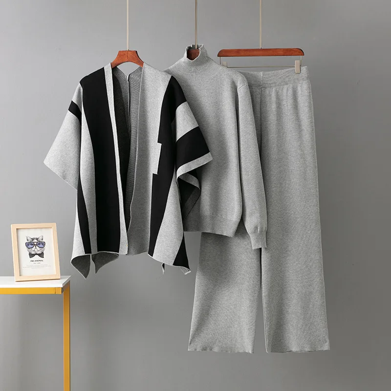 ALPHALMODA, 2025, moda francese, abito lavorato a maglia a righe, scialle + maglione a collo alto + pantaloni a gamba larga, abito elegante da donna 3 pezzi