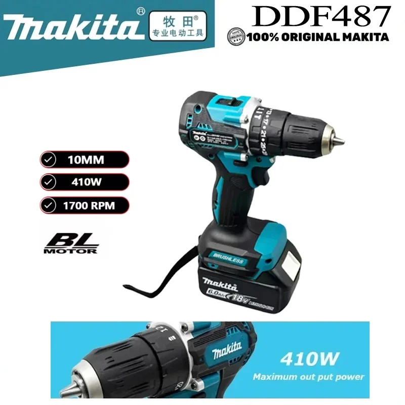Makita original ddf487 furadeira sem fio chave de fenda de impacto elétrica sem escova 18v ferramenta elétrica recarregável