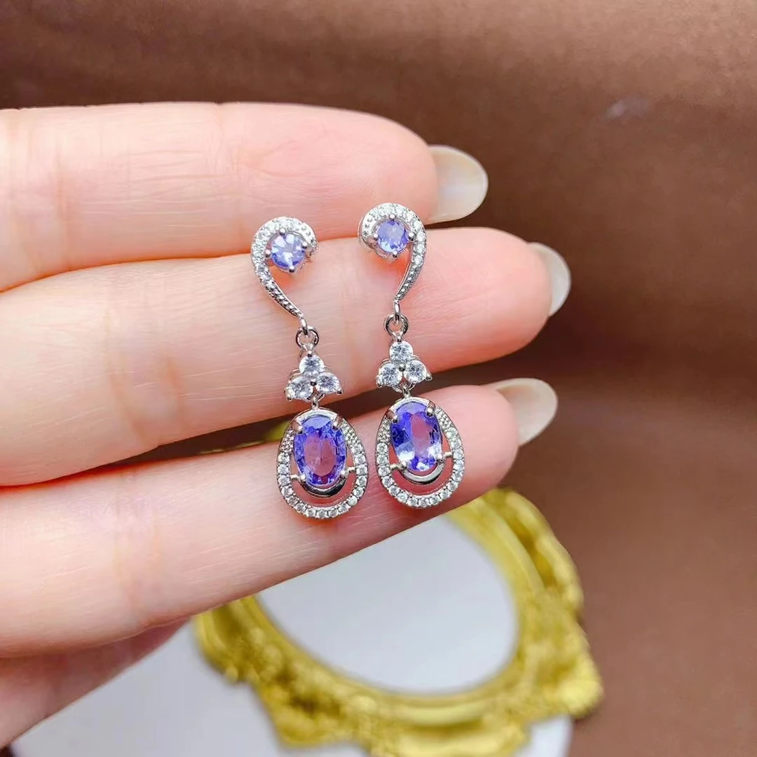 Elegant 925 Silver Tanzanite Drop Earrings for Wedding 5mm*7mm 3mm*3mm Total 1.6ct Natural Tanzanite Earrngs with Gold Plated