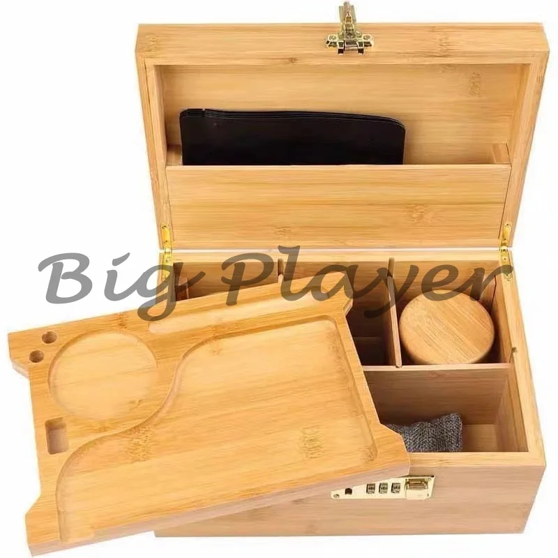 New Bamboo Storage Box with Lock Movable Rolling Tray Tea Cigarettes Operationed Trays Cut Tobacco Reel Handmade Large Stash Kit