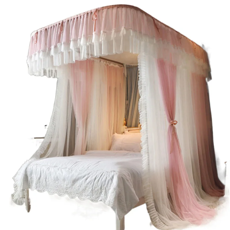 

Lace mosquito net U-shaped guide rail, three doors, household, bedroom bed mantle, mosquito repellent stainless steel