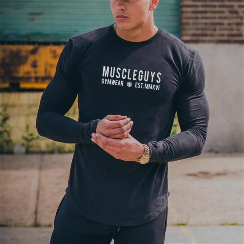 Mens Running T-Shirt Cotton Long Sleeve O Neck Autumn Winter Gym Muscle Fitness Workout Top Solid Print Casual Slim Fit Athletic
