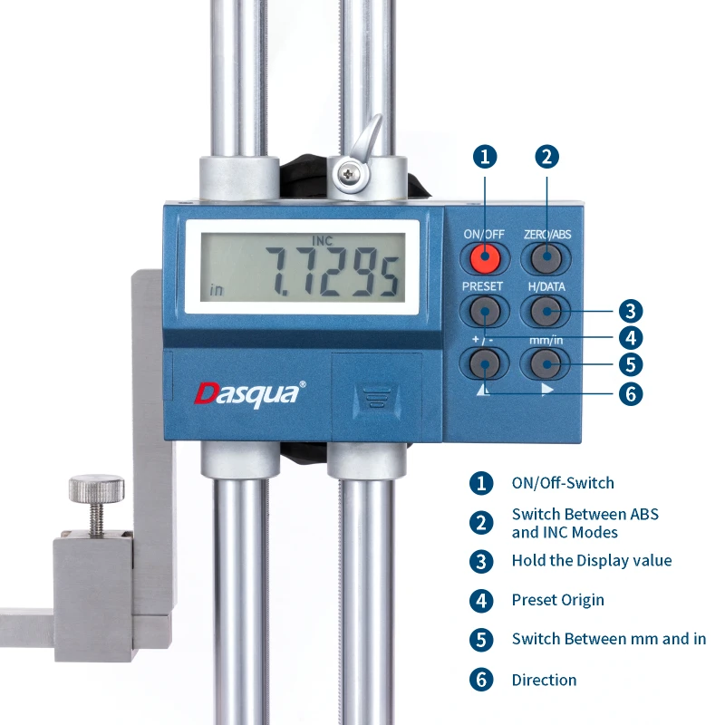 رائجة البيع داسكوا المدى 0-30 مللي متر دقة 0.04 مللي متر الثقيلة مزدوجة شعاع شاشة ديجيتال مقياس الارتفاع مع إخراج بيانات Spc