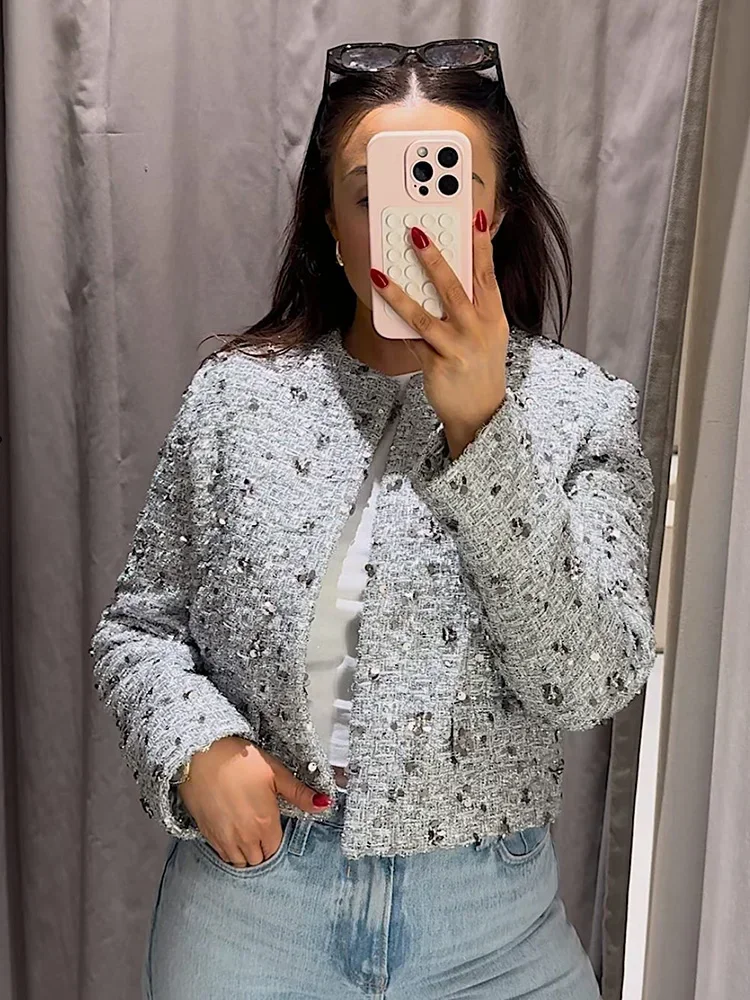 Fashion Silver Sequins Autumn Winter Jacket Woman Elegant O-Neck Long Sleeves Cropped Coats Female Casual Open Front Outerwear