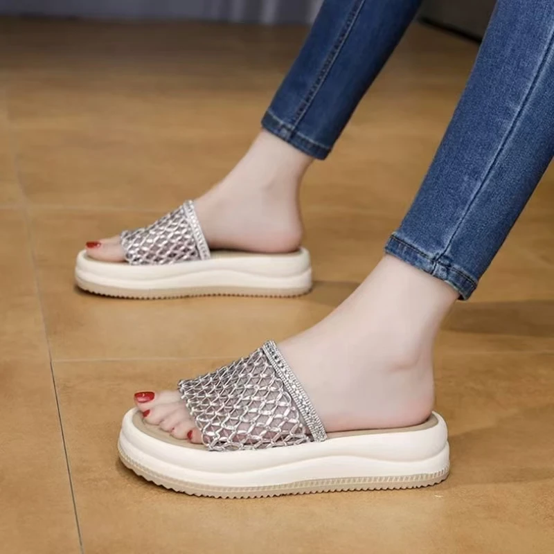 

Women Leather Woven Hollow Out One Word Slippers Summer New Thick Sole Non Slip Lightweight Fashionable Outdoor Beach Slippers