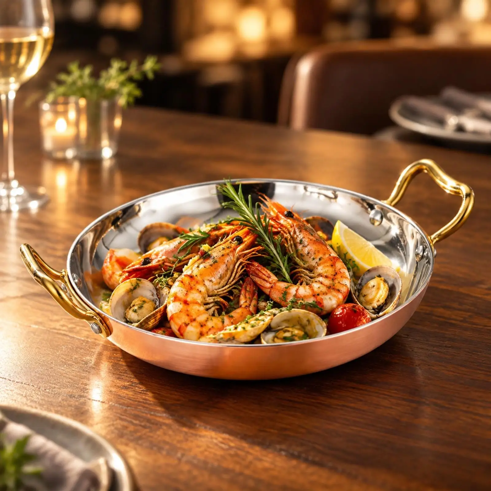 Reflective Silver Oval Metal Platter with Raised Rim and Gold Handles for Serving Seafood Steak Fried Chicken