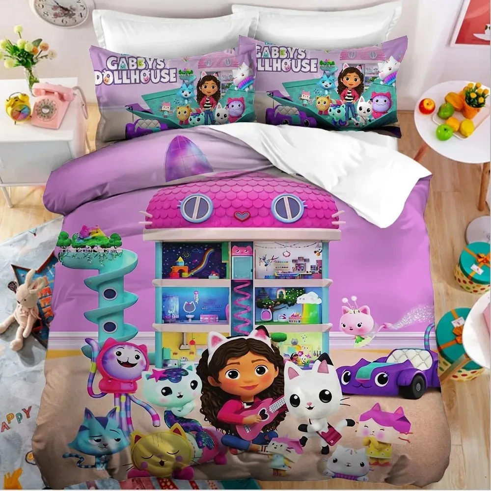 

Gabby's Dollhouse Bedding Set,Kawaii Gabby's Dollhouse Duvet Cover Bed Linen Set Single Double Size,Bedclothes Quilt Cover