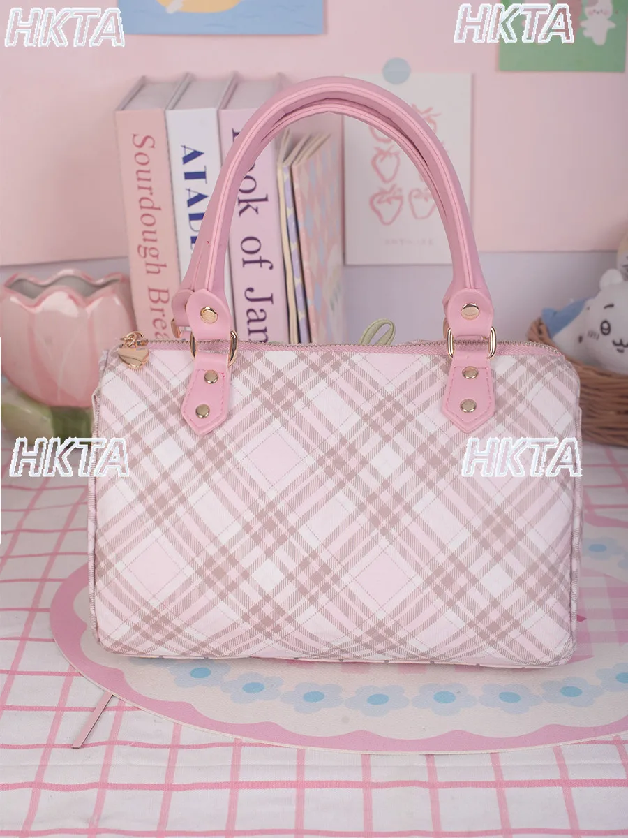 Japanese Sweet Fashion Elegant Plaid Polka Dot Handbag Bag Summer Large Capacity Lace Bow Cute Kawaii Lolita Cosmetic Bags Women