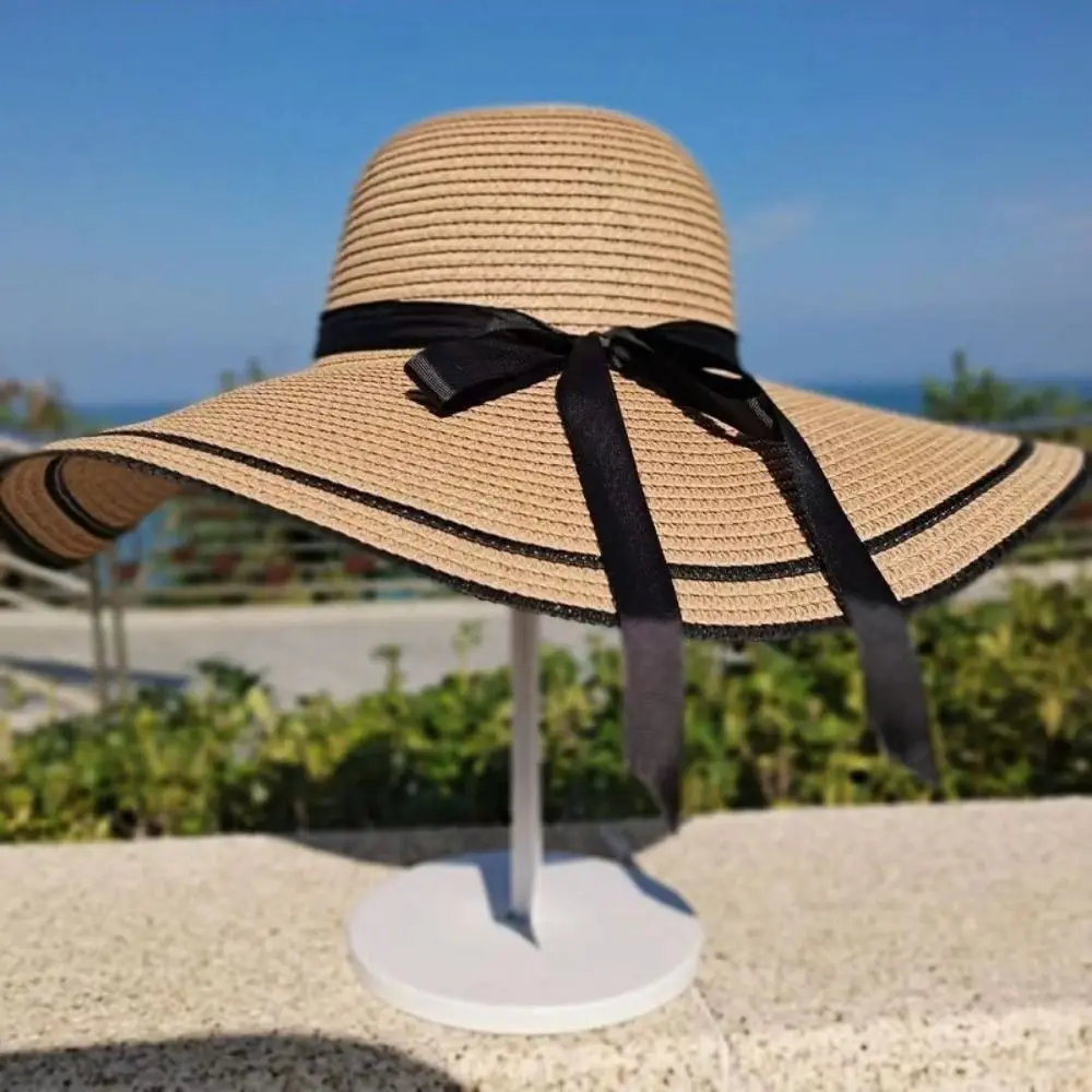 Portable Wide Brim Straw Hat Casual Summer Ribbon Bow Tie Straw Cap Travel Large Brim Beach Hat Women