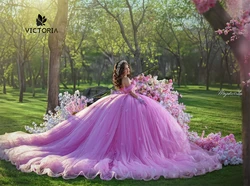 Butterflies Train Pink Quinceanera Dresses 2024 Birthday Princess Sweet 15 Years Girl Off The Shoulder Vestidos Customized