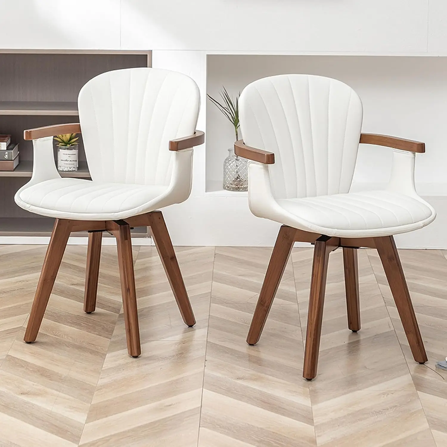 Swivel Dining Chairs Set of 4, Mid Century Modern White Faux Leather Kitchen Chairs with Arms,Bamboo Legs Side Chairs, Custom view 5