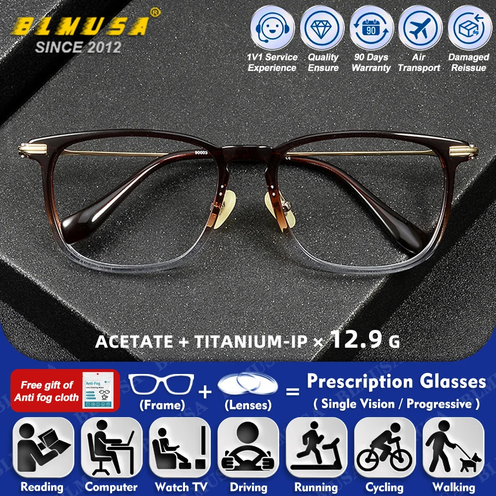 

BLMUSA (L) Simple Men Square Titanium Acetate Progressive Prescription Glasses Anti Blue Ray Optical Computer Myopia Eyeglasses