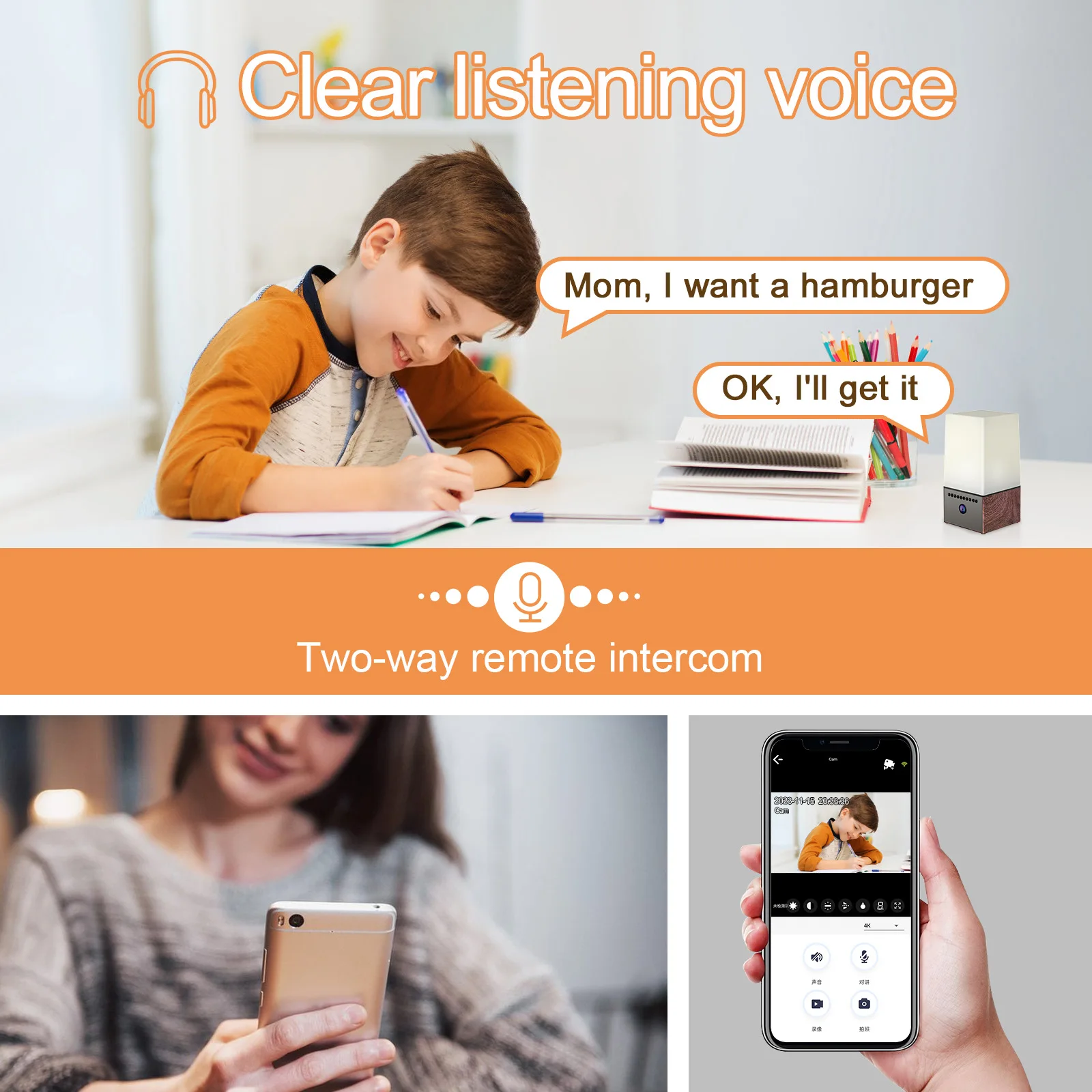 RGB 야간 조명 130을 갖춘 미니 무선 카메라 4K HD WiFi 보안 보모 °   광시야각 동작 감지 실시간 녹화 베이비 모니터