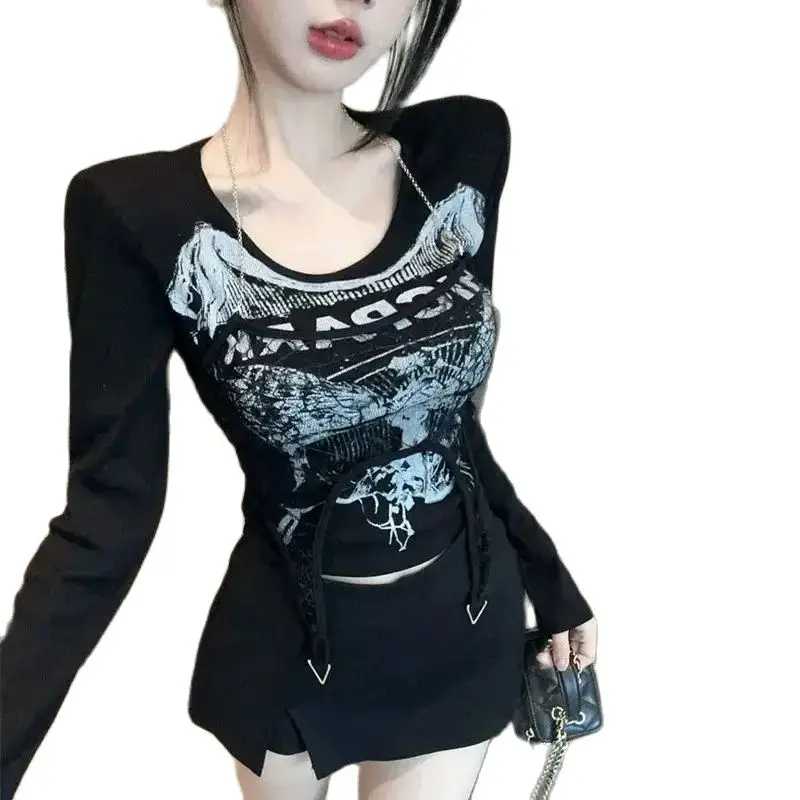 Fałszywy dwuczęściowy T-Shirt Slim Top American Sexy High-End Chic Versatile 2024 Fall Y2K Streetwear Lace Patchwork