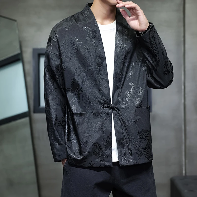 Autumn Winter Men Dragon Patterned Jacket Man Thick Popular Cardigan Tang Style Hanfu Kimono Coat Men Loose Cardigan Hanfu Coat
