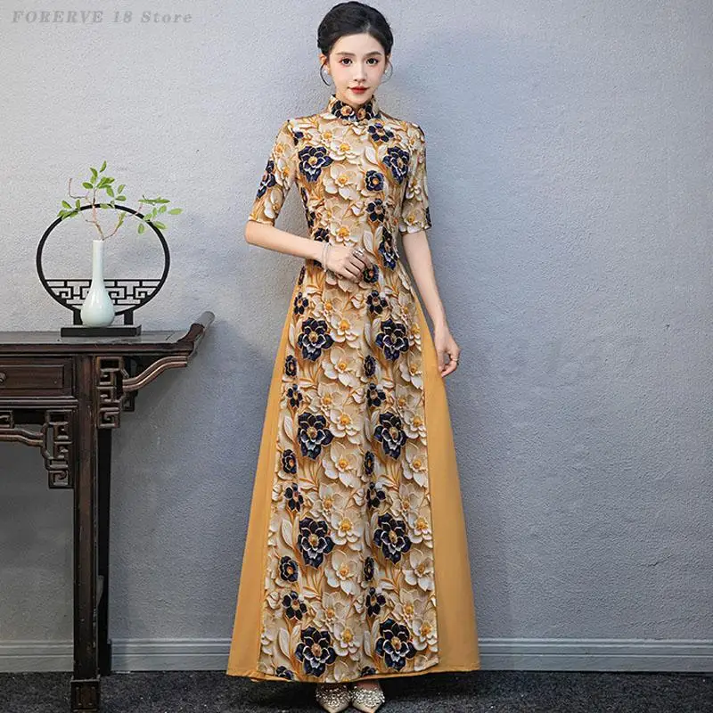 

Новое летнее платье Cheongsam с традиционным воротником-стойкой и цветочным принтом в китайском стиле Ao Dai, длинный танцевальный костюм Qipao для выступлений