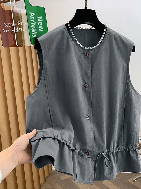 Authentic 2026 Autumnal Women's Vest Single-Button Drawstring Pocket Hem Workwear Style Polyester Fiber Outerwear