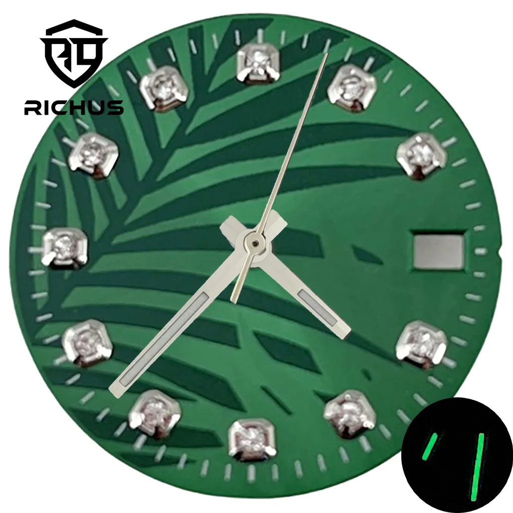 

Стерильный циферблат RICHUS 28,5 мм и стрелки для часов с зеленым люминесцентным покрытием, подходят для механизмов NH34, NH35, NH36, аксессуары для часов