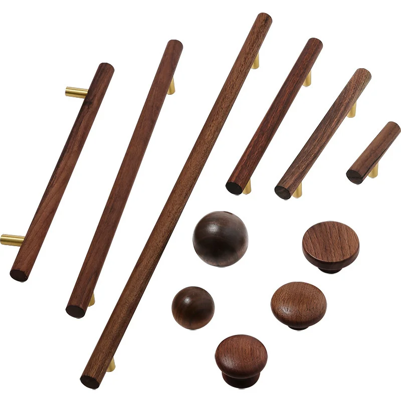 Nordic Walnut Cabinet Pulls Door Handle Long Bar Solid Wood Brass Cabinet Drawer Ball Handles Wardrobe Cupboard Furniture Knob