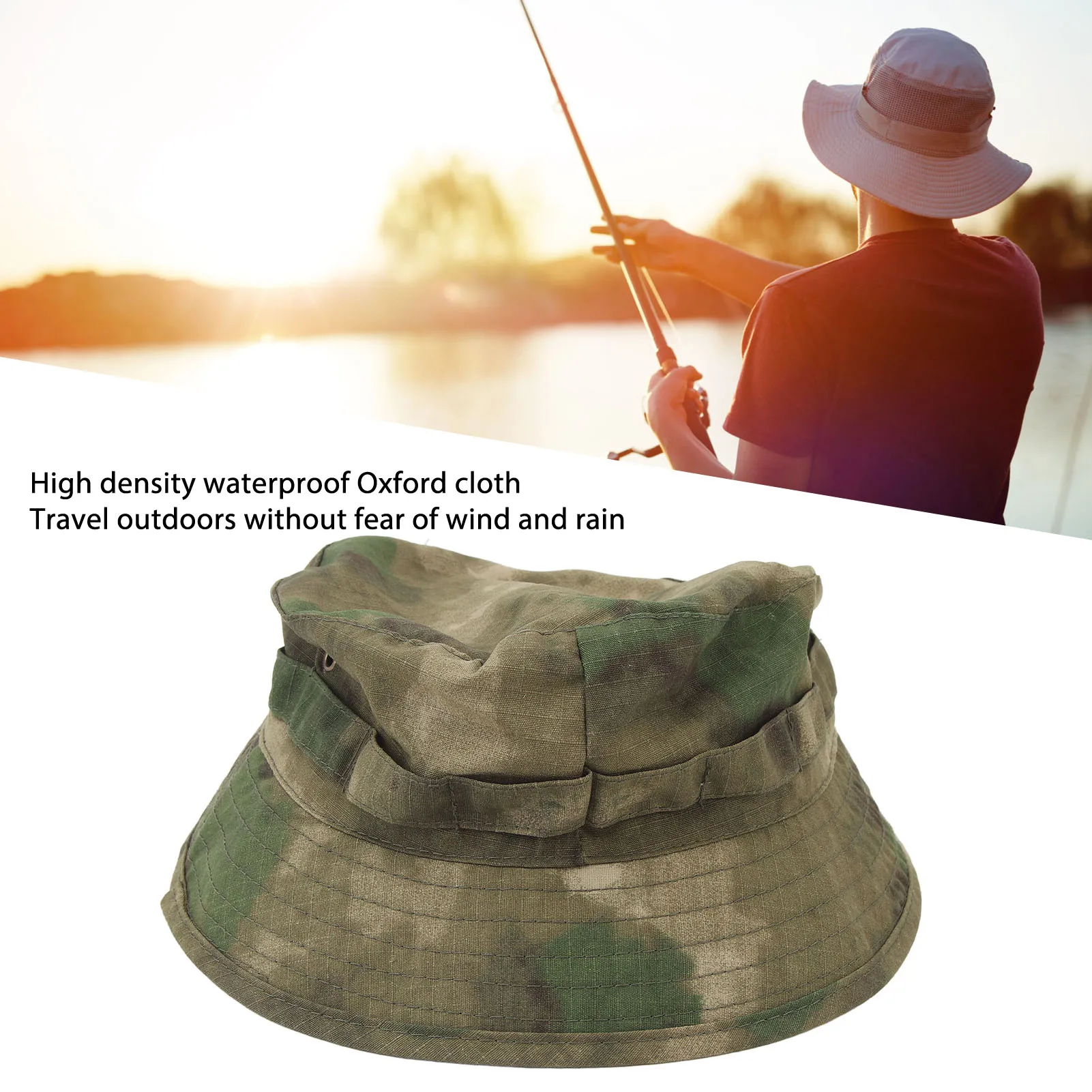 Outdoor Hat With Adjustable Buckle Short Brim Waterproof Oxford Fabric Bucket Hat For Fishing Trips Jungle Camouflage