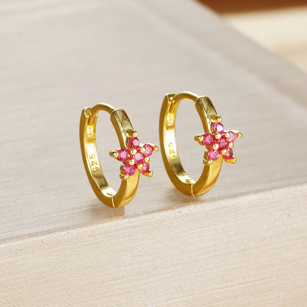 2PCS Stainless Steel Gold Color Stylish Flower Hoop Earrings For Women 18k Gold Plated Colorful Zircon Earring Piercing Jewelry — zdjęcie 5