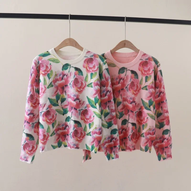 Women's Sweater Pullovers Luxury Flower Print Rose Wool Knit Tops Long Sleeve Jumper Jersey Korea Y2k Blouse Knitwear Winter