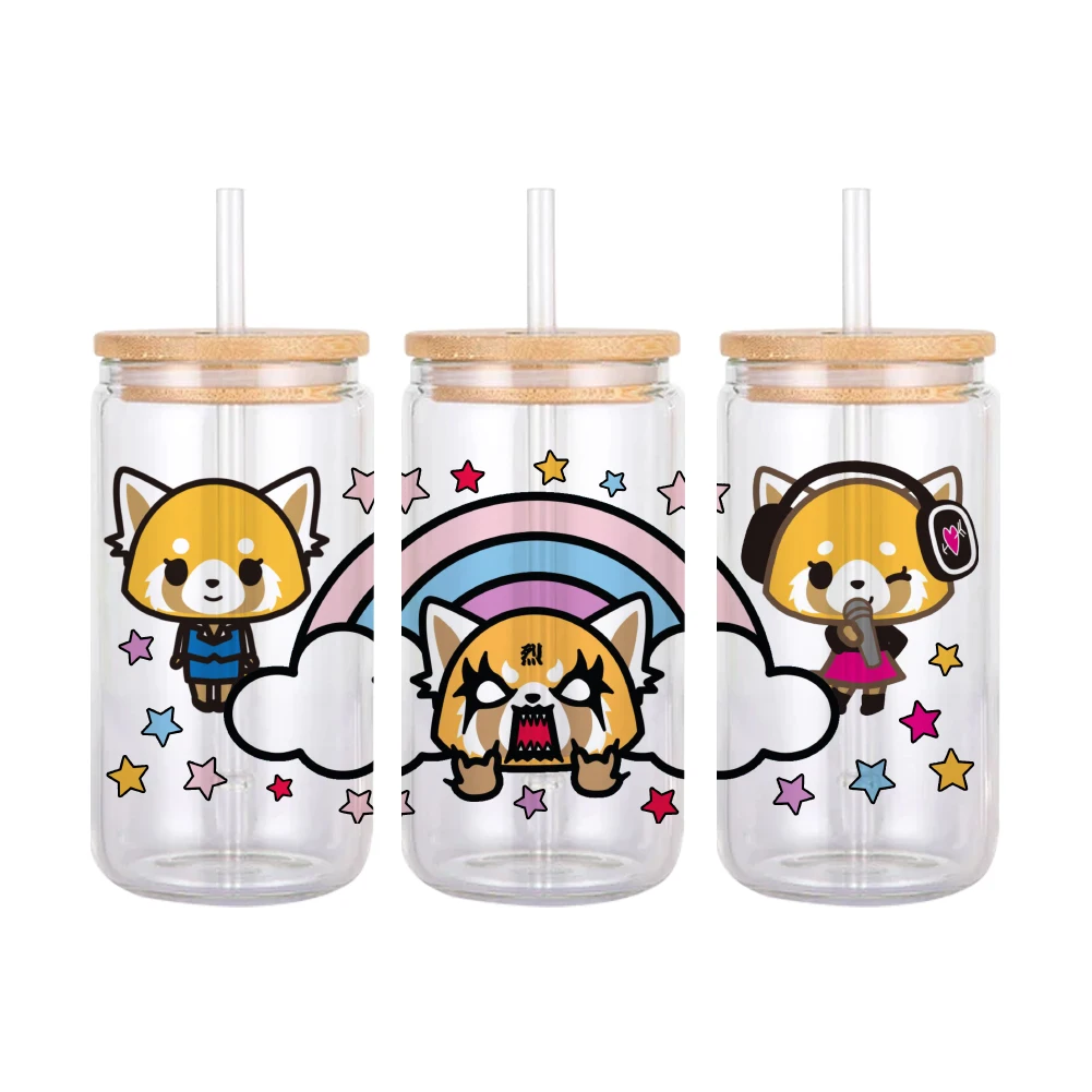 Sanrio Cartoon Aggressive Retsuko Pattern UV DTF Transfer Sticker Waterproof Transfers Decals For 16oz Glass Cup Wrap Stickers