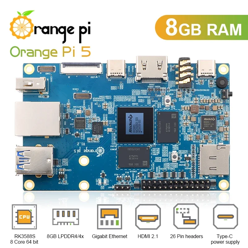 Orange Pi 5 8GB RK3588S with Wifi+BT+Gigabit Ethernet+PCIE SSD Single Board Computer, Support Android 12, Debian 11 OS