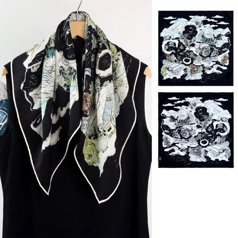 Echarpe-carree-65x65-cm-en-laine-70-et-soie-de-murier-30-motif-paysage-de-montagne-noir-dessine-a-la-main-chale-de-cou-pour-femme-automne-hiver