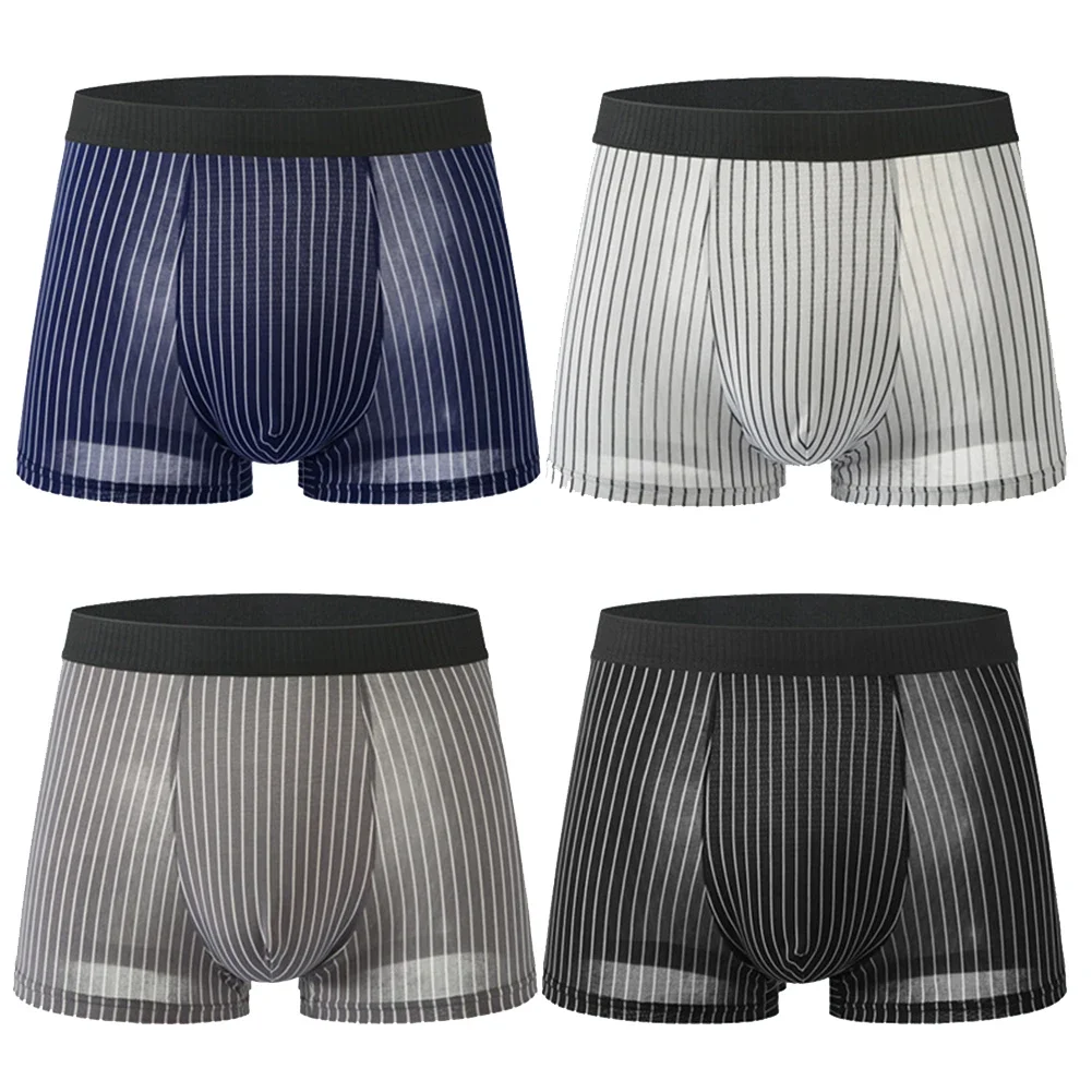 

Men Sexy Panties Stripes Ice Silk Lingerie Breathable Low Underwear For Hot Man Underpants Ultra-Thin Boxershorts Stretch Trunks