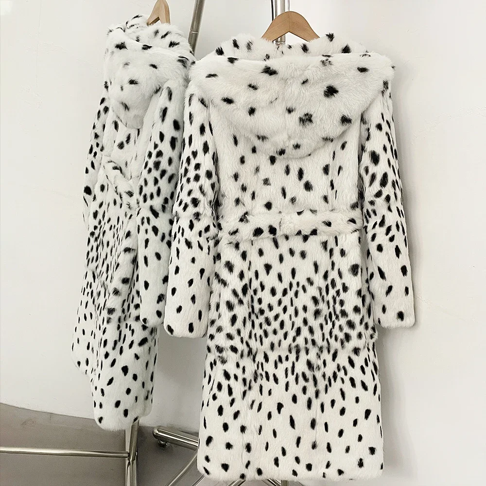OFTBUY Damen-Felljacke mit Kapuze und Gürtel, lang, mit Fleckenmuster, aus echtem Kaninchenfell, neuer luxuriöser Wintermantel aus echtem Kaninchenfell – Detail 10