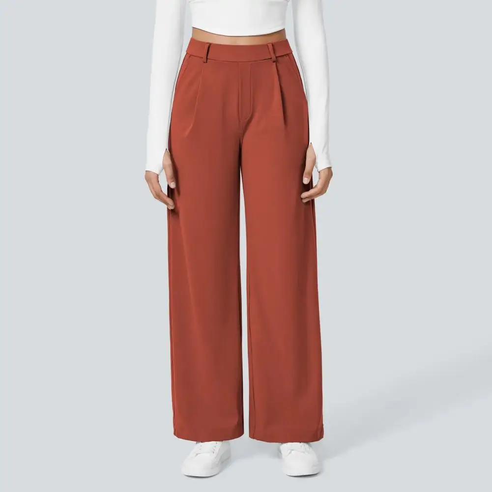 Women Pants High Waist Wide Leg Business Casual Trousers Pure Color Suit Pants Side Pockets Wrinkle Resistant Work Weekend Wear