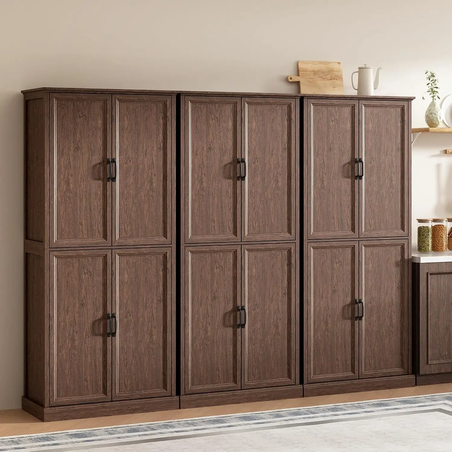 71'' Tall Pantry Cabinet Set of 3, Kitchen Storage with Barn Door & Adjustable Shelves, Rustic Wood Cupboard for Kitchen